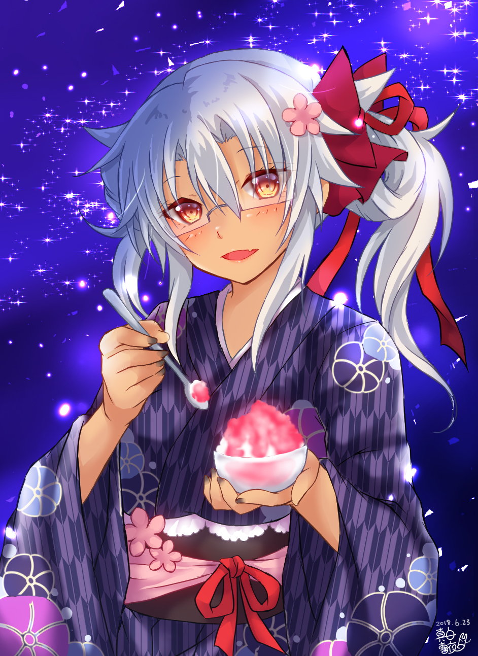 0yukiya0 1girl :d bangs breasts brown_eyes commentary_request dark_skin dated fang glasses grey_nails hair_between_eyes hair_up hands_up highres holding holding_spoon japanese_clothes kantai_collection kimono large_breasts long_sleeves looking_at_viewer musashi_(kantai_collection) nail_polish nebula night night_sky obi open_mouth outdoors pattern_request print_kimono purple_kimono purple_sky remodel_(kantai_collection) sash semi-rimless_eyewear shaved_ice signature sky smile solo spoon star_(sky) starry_sky under-rim_eyewear white_hair wide_sleeves