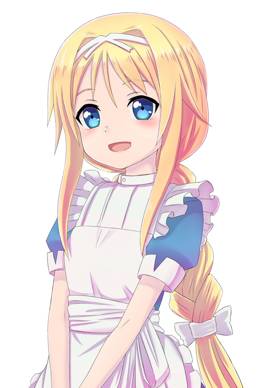 1girl :d alice_schuberg apron bangs blonde_hair blue_dress blue_eyes blush bow braid commentary_request dress eyebrows_visible_through_hair frilled_apron frills hair_between_eyes hair_bow head_tilt highres jd_(bibirijd) long_hair open_mouth puffy_short_sleeves puffy_sleeves short_sleeves sidelocks single_braid smile solo sword_art_online upper_body v_arms very_long_hair white_apron white_bow