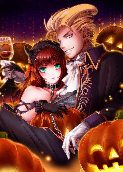 1boy 1girl blonde_hair blush dress gloves gustaf halloween halloween_costume jack-o'-lantern long_hair maronee_san primiera_(saga) pumpkin redhead saga saga_frontier saga_frontier_2