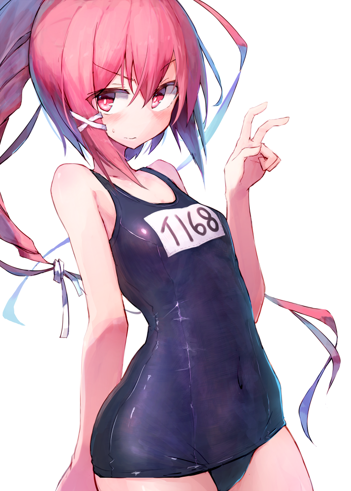 1girl beize_(garbage) blush commentary covered_navel cowboy_shot hair_ribbon i-168_(kantai_collection) kantai_collection long_hair looking_at_viewer name_tag old_school_swimsuit one-piece_swimsuit pink_eyes pink_hair ponytail ribbon school_swimsuit simple_background solo swimsuit v very_long_hair white_background