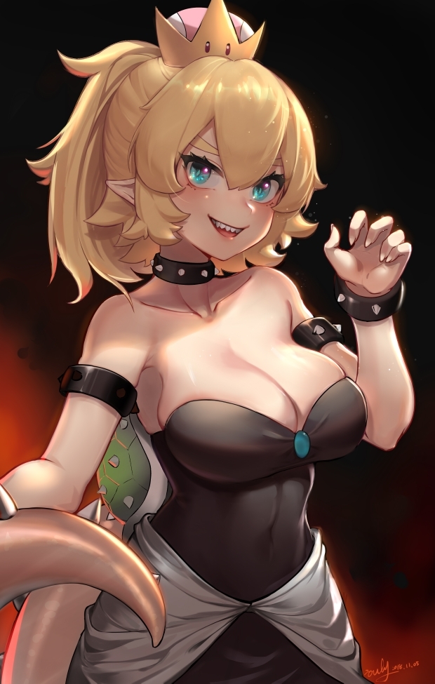 1girl armlet bare_shoulders blonde_hair blue_eyes bowsette breasts cleavage collar crown dress horns iouley large_breasts looking_at_viewer super_mario_bros. monster_girl new_super_mario_bros._u_deluxe nintendo open_mouth pointy_ears ponytail sharp_teeth showgirl_skirt sleeveless sleeveless_dress smile solo spiked_shell spiked_tail strapless strapless_dress super_crown tail teeth