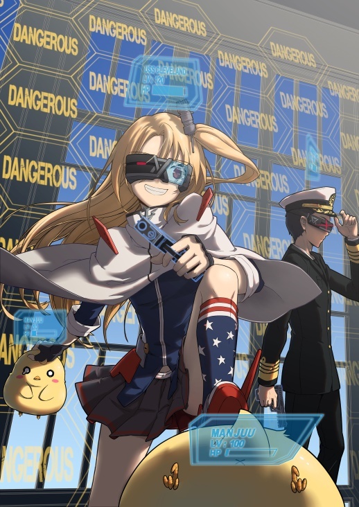 1boy 1girl american_flag_legwear artist_request azur_lane blonde_hair cleveland_(azur_lane) goggles gun hat multicolored multicolored_clothes multicolored_legwear red_eyes smile uniform weapon