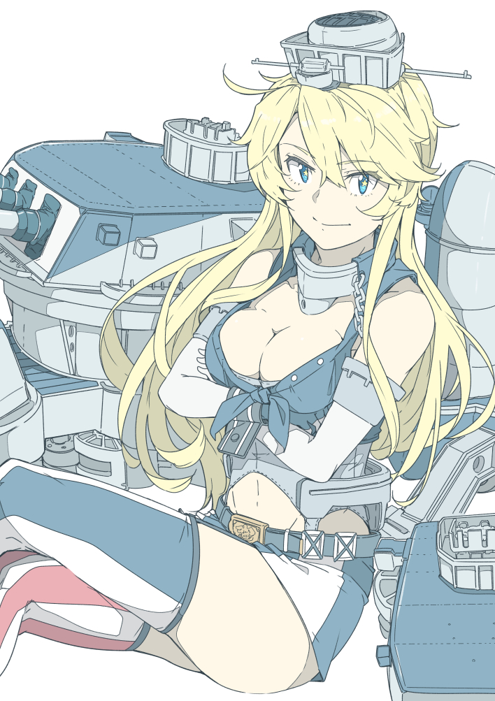 1girl blonde_hair blue_eyes breasts elbow_gloves feet_out_of_frame fingerless_gloves front-tie_top garter_straps gloves hair_between_eyes headgear iowa_(kantai_collection) kantai_collection large_breasts legs_crossed machinery miniskirt mismatched_legwear ninimo_nimo simple_background sitting skirt solo star star-shaped_pupils striped striped_legwear symbol-shaped_pupils thigh-highs vertical-striped_legwear vertical_stripes white_background