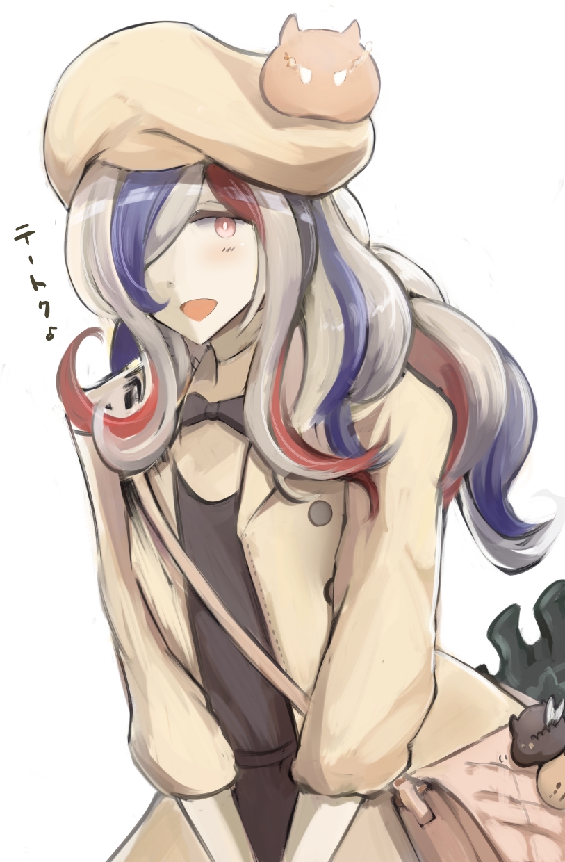 1girl alternate_costume bag beret blonde_hair blue_hair blush coat hair_over_one_eye hat highres jacket kantai_collection long_hair looking_at_viewer mizuchi_(mizuchi7118) multicolored_hair necktie open_mouth red_eyes redhead scarf seaplane_tender_water_hime simple_background smile solo white_background white_hair white_jacket white_skin