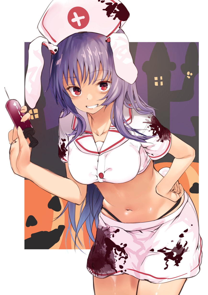 1girl alternate_costume asuzemu bangs black_panties blood bloody_clothes border breasts building bunny_tail collarbone commentary_request cowboy_shot crop_top eyebrows_visible_through_hair grin hand_on_hip hand_up hat highleg highleg_panties highres holding holding_syringe jack-o'-lantern large_breasts leaning_forward long_hair looking_at_viewer midriff miniskirt navel nurse_cap outside_border panties purple_hair purple_sky red_eyes reisen_udongein_inaba shirt short_sleeves skirt smile solo standing stomach syringe tail thighs touhou underwear very_long_hair white_border white_shirt white_skirt