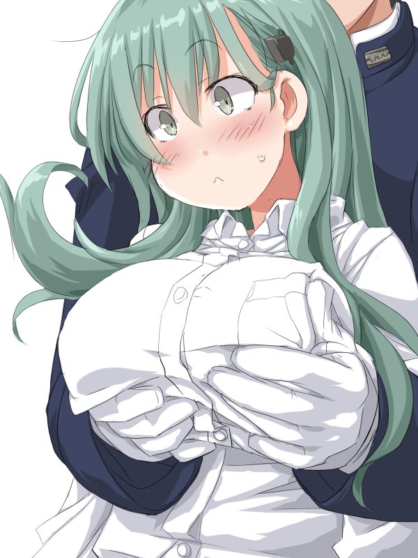 1boy 1girl admiral_(kantai_collection) blush breast_hold breast_lift breasts dd_(ijigendd) grabbing grabbing_from_behind green_eyes green_hair hair_ornament hairclip kantai_collection large_breasts long_hair military military_uniform naval_uniform panties shirt solo_focus suzuya_(kantai_collection) underwear uniform white_panties white_shirt