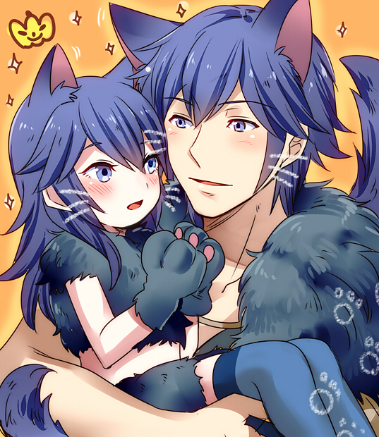 1boy 1girl adult animal_ears black_gloves blue_hair blue_legwear carrying child chrom_(fire_emblem) crop_top father_and_daughter fire_emblem fire_emblem:_kakusei fire_emblem_awakening fire_emblem_heroes fur_trim gloves halloween halloween_costume intelligent_systems krom long_hair lucina lucina_(fire_emblem) mejiro midriff nintendo orange_background panther_ears panther_tail paw_gloves paws shiny shiny_hair stomach super_smash_bros. thigh-highs wolf_ears young