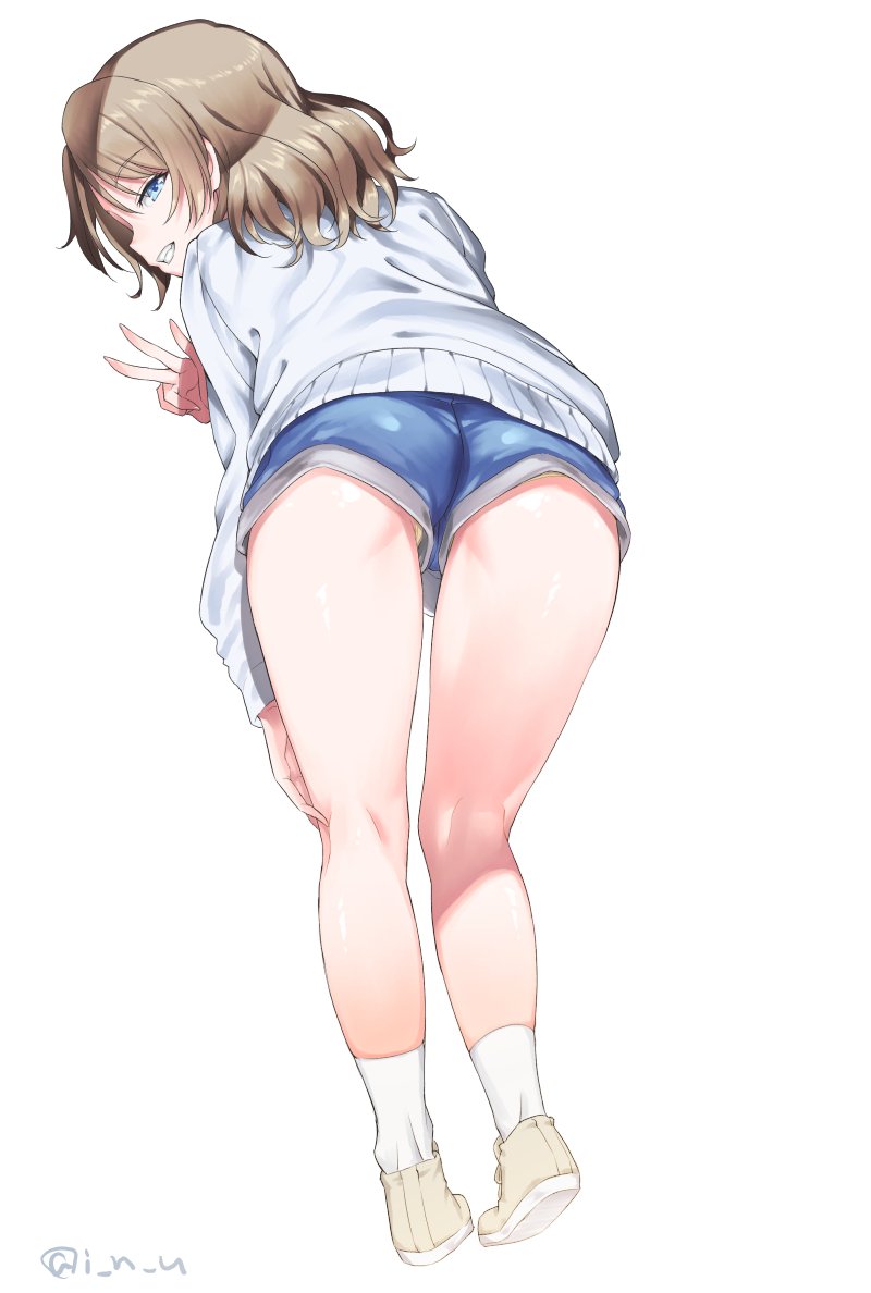 1girl ass bangs blue_eyes blue_shorts brown_hair eyebrows_visible_through_hair from_behind full_body grin half-closed_eyes hand_on_own_leg heel_up inu_(aerodog) kneepits leaning_forward legs long_sleeves looking_at_viewer looking_back love_live! love_live!_sunshine!! medium_hair panties panty_peek shoes short_shorts shorts simple_background smile socks solo standing sweater thighs twitter_username underwear upshorts w watanabe_you white_background white_footwear white_legwear white_sweater yellow_panties