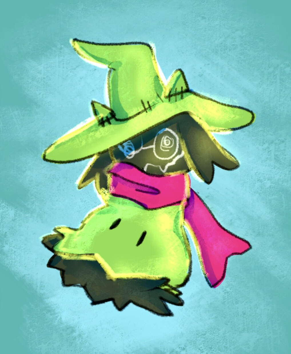 blue_background commentary cosplay creatures_(company) deltarune english_commentary game_freak gen_7_pokemon gravity-rocks green_hat hat highres mimikyu nintendo no_humans pink_scarf pokemon pokemon_(creature) ralsei ralsei_(cosplay) scarf simple_background