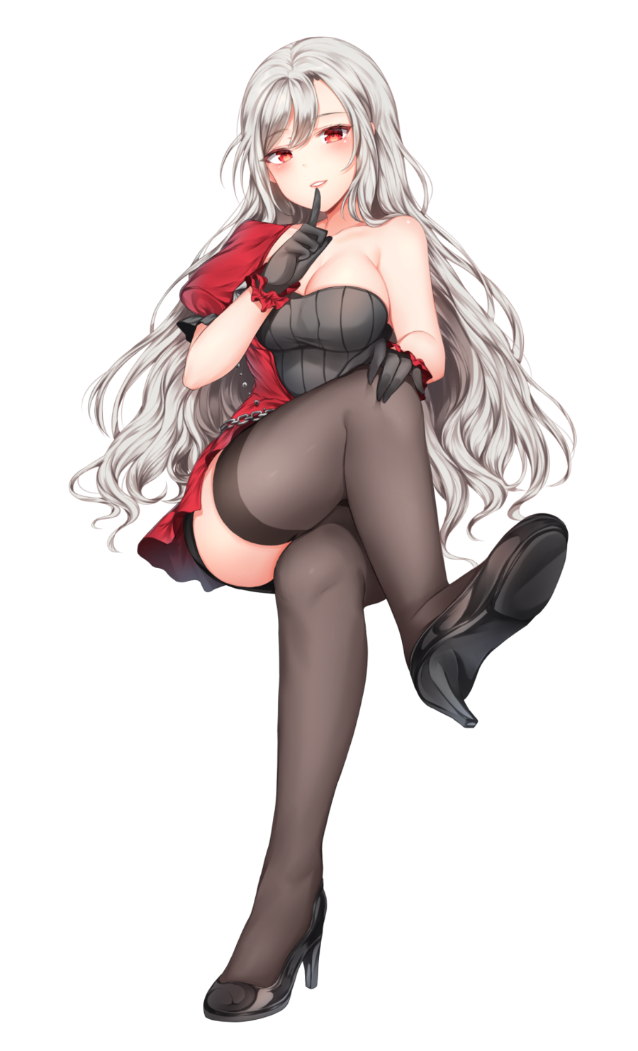1girl bangs bare_arms black_footwear black_gloves black_legwear blush breasts character_request cleavage collarbone finger_to_mouth full_body girls_frontline gloves hand_on_own_knee hand_up head_tilt high_heels highres index_finger_raised large_breasts legs_crossed long_hair looking_at_viewer painteen parted_lips puffy_short_sleeves puffy_sleeves red_eyes shoes short_sleeves silver_hair simple_background single_bare_shoulder smile solo thigh-highs wavy_hair white_background
