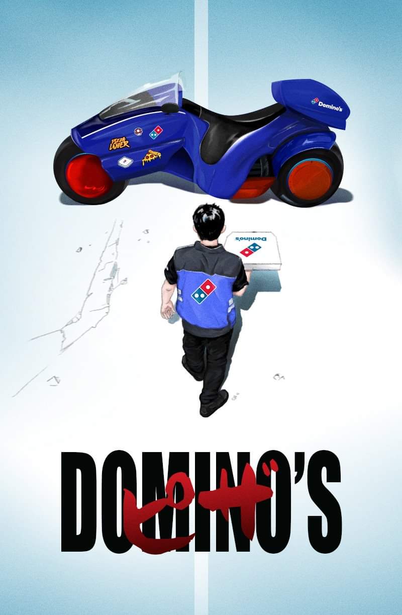 1boy akira artist_request black_hair domino's_pizza english food ground_vehicle highres kaneda_shoutarou motor_vehicle motorcycle parody pizza pizza_box pizza_delivery solo