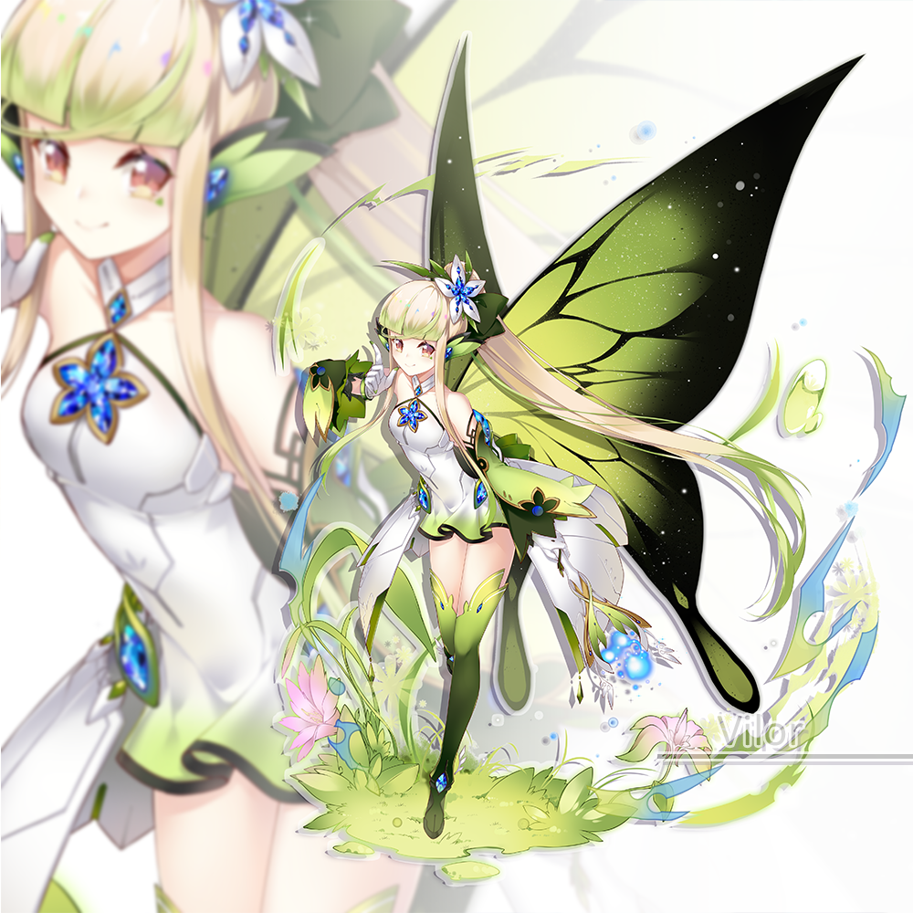 1girl artist_name bare_shoulders blonde_hair bow brown_eyes detached_sleeves fairy fairy_wings flower full_body gloves grass green_bow green_legwear hair_bow hair_flower hair_ornament holding holding_staff index_finger_raised long_hair original smile staff thigh-highs very_long_hair vilor white_gloves wings zoom_layer