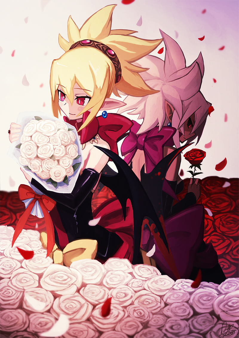 2girls back-to-back black_sclera black_sleeves blonde_hair bouquet bow dark_persona demon_girl demon_wings detached_sleeves disgaea dress dual_persona earrings eyebrows_visible_through_hair field flower flower_field gem gradient gradient_background hair_ornament holding holding_bouquet holding_flower huge_bow jewelry light_smile makai_senki_disgaea_2 multiple_girls petals pointy_ears red_bow red_eyes red_flower red_rose rose rozalin short_ponytail strapless strapless_dress torihasiden white_flower white_rose wings yellow_bow zenon_(disgaea)