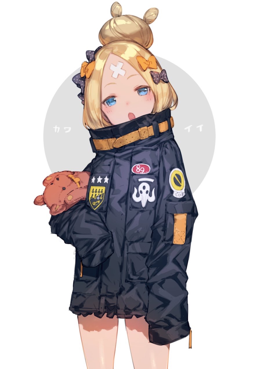1girl :o abigail_williams_(fate/grand_order) bandaid_on_forehead bangs black_bow black_jacket blonde_hair blue_eyes blush bow bukurote commentary_request cowboy_shot crossed_bandaids fate/grand_order fate_(series) forehead grey_background hair_bow hair_bun head_tilt heroic_spirit_traveling_outfit high_collar highres jacket long_hair long_sleeves looking_at_viewer object_hug open_mouth orange_bow parted_bangs polka_dot polka_dot_bow sleeves_past_fingers sleeves_past_wrists solo standing star stuffed_animal stuffed_toy teddy_bear two-tone_background white_background