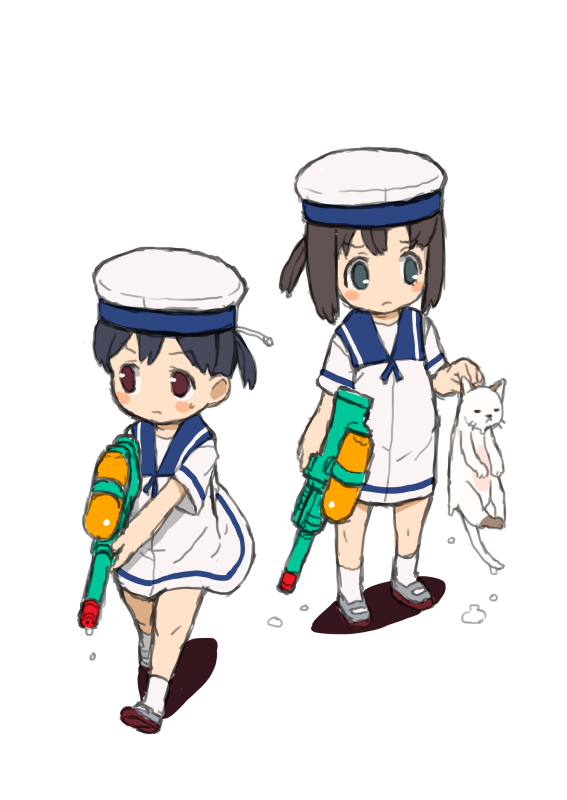 2girls black_hair blue_eyes blue_sailor_collar brown_eyes cat daitou_(kantai_collection) dress full_body harukaze_unipo hat hiburi_(kantai_collection) kantai_collection low_ponytail multiple_girls ponytail sailor_collar sailor_dress sailor_hat shoes short_hair short_sleeves simple_background socks standing super_soaker uwabaki water_gun white_background white_dress white_hat white_legwear