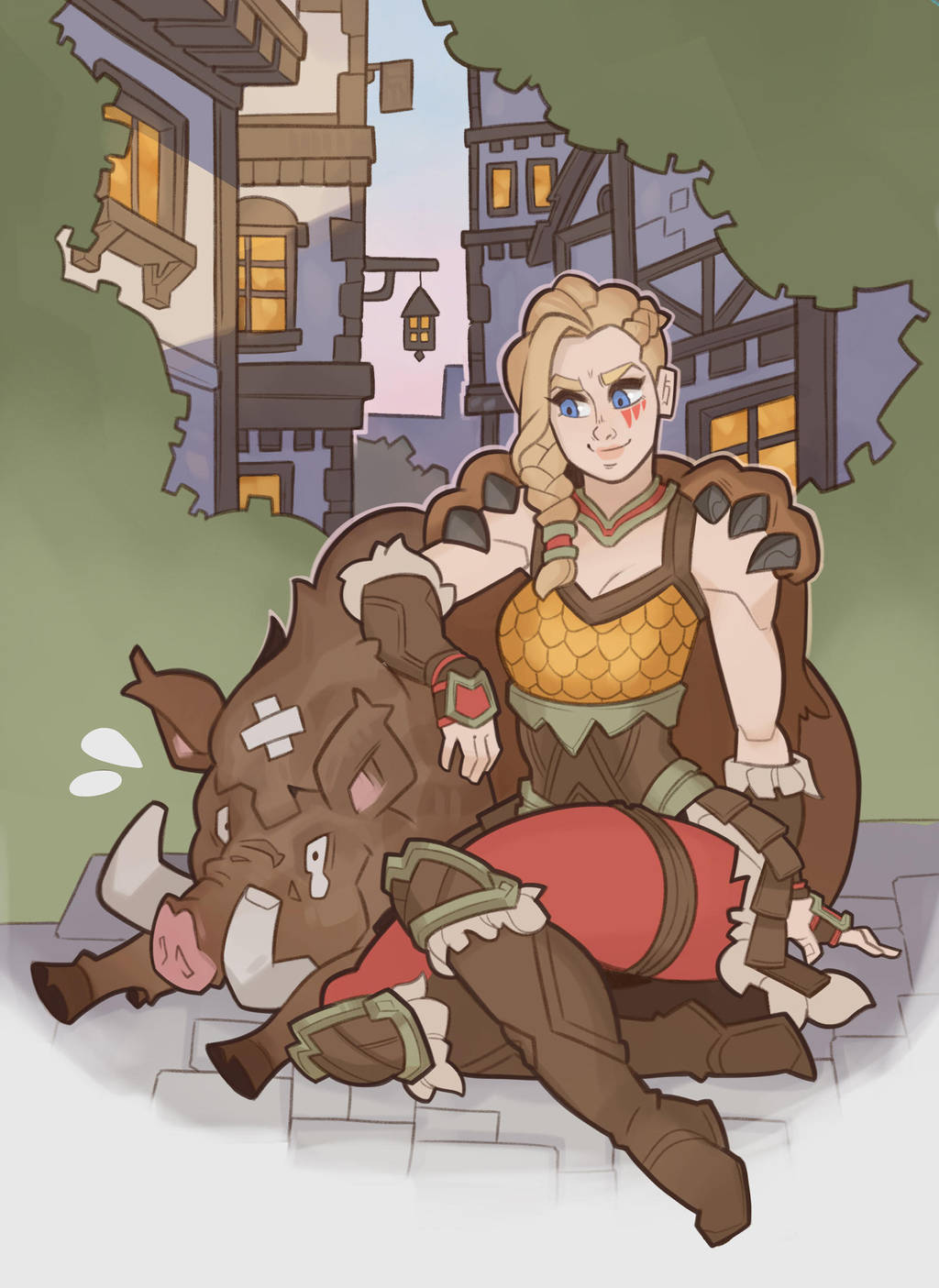 1girl armor blonde_hair blue_eyes boar boots braid breasts cape cleavage facial_mark fur_trim highres long_hair paladins single_braid sitting solo splashbrush tree tyra_(paladins)