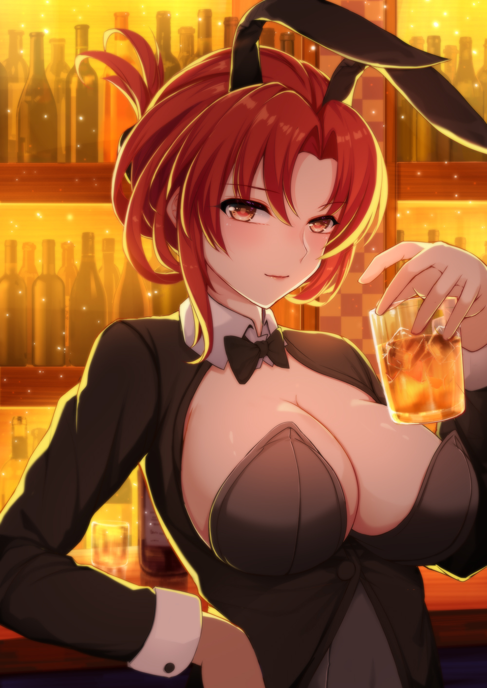 1girl animal_ears bangs benghuai_xueyuan black_jacket black_neckwear blush bottle bow bowtie breasts brown_leotard cleavage closed_mouth commentary_request cup drink drinking_glass eyebrows_visible_through_hair forehead hair_between_eyes hand_up highres holding holding_cup honkai_impact ice ice_cube indoors jacket large_breasts leotard light_smile long_sleeves murata_himeko parted_bangs qunqing rabbit_ears red_eyes redhead sidelocks solo strapless strapless_leotard upper_body wing_collar