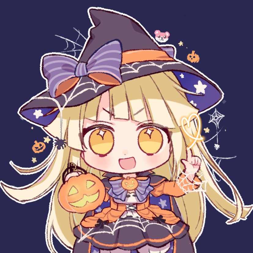 +_+ 1girl :d bang_dream! bangs basket black_bow black_hat blonde_hair bow bowtie chibi dress halloween_costume hat hat_bow index_finger_raised jack-o'-lantern long_hair long_sleeves looking_at_viewer michelle_(bang_dream!) open_mouth outline overskirt poyo_(shwjdddms249) purple_bow purple_neckwear smile solo spider_hair_ornament spider_web_print striped striped_bow striped_neckwear tsurumaki_kokoro v-shaped_eyebrows white_outline witch witch_hat yellow_eyes