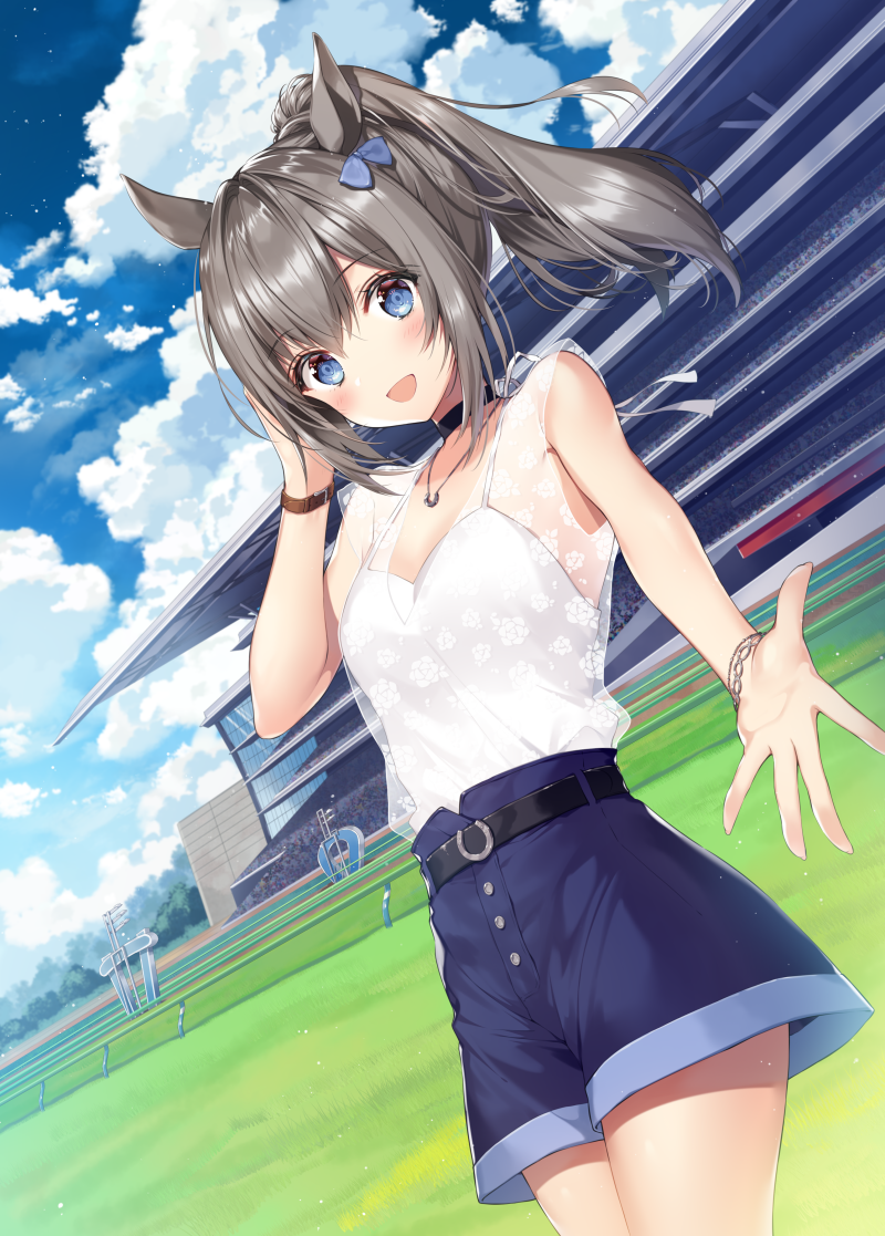 1girl :d animal_ears bangs bare_shoulders belt black_choker blue_bow blue_eyes blue_shorts blue_sky blush bow bracelet buckle camisole choker clouds cloudy_sky commentary_request cowboy_shot day dutch_angle eyebrows_visible_through_hair grey_hair hair_bow hand_in_hair hand_up horse_ears horse_girl jewelry long_hair looking_at_viewer necklace necomi open_mouth original outstretched_arm outstretched_hand ponytail see-through shorts sidelocks sky smile solo spread_fingers stadium virtual_youtuber watch watch