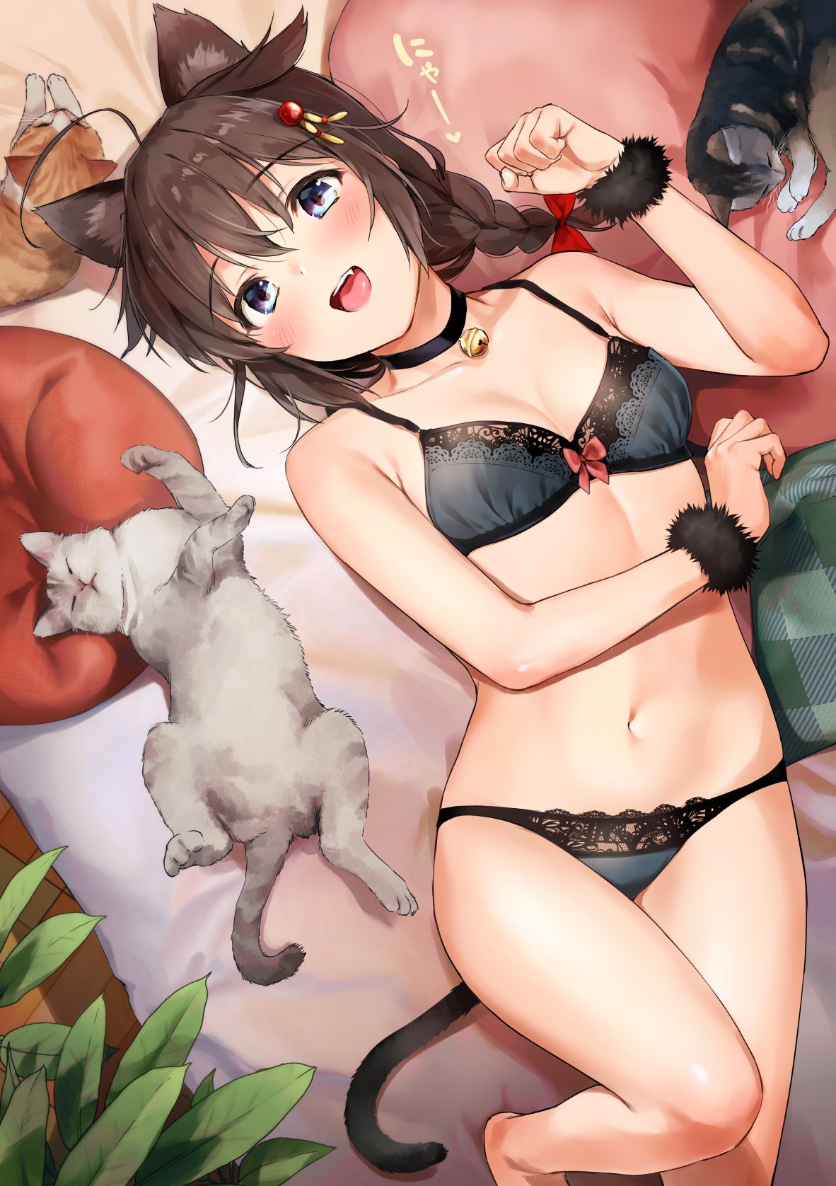 1girl :d ahoge animal_ears bare_legs barefoot bell bell_choker black_bra black_panties blue_eyes blush bow bra braid breasts brown_hair cat cat_ears cat_tail choker cleavage eyebrows_visible_through_hair fang hair_bow highres jingle_bell kantai_collection kemonomimi_mode lace lace-trimmed_bra lace-trimmed_panties lying medium_hair navel on_back open_mouth panties paw_pose shigure_(kantai_collection) small_breasts smile solo tail umakuchi_shouyu underwear underwear_only wrist_cuffs