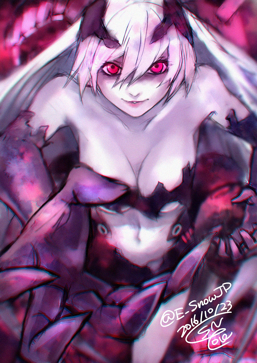 anchorage_hime artist_name blurry breasts cleavage dated depth_of_field e_snow_jp elbow_gloves gloves kantai_collection navel pink_eyes purple_gloves shinkaisei-kan sketch torn_clothes twitter_username white_hair white_skin wings