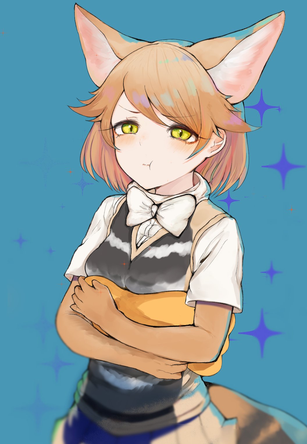 1girl :t animal_ears black-backed_jackal_(kemono_friends) blonde_hair bow bowtie collared_shirt cowboy_shot crossed_arms dnsdltkfkd extra_ears eyebrows_visible_through_hair highres jackal_ears jackal_tail kemono_friends pleated_skirt pout shirt short_hair short_sleeves skirt solo vest yellow_eyes