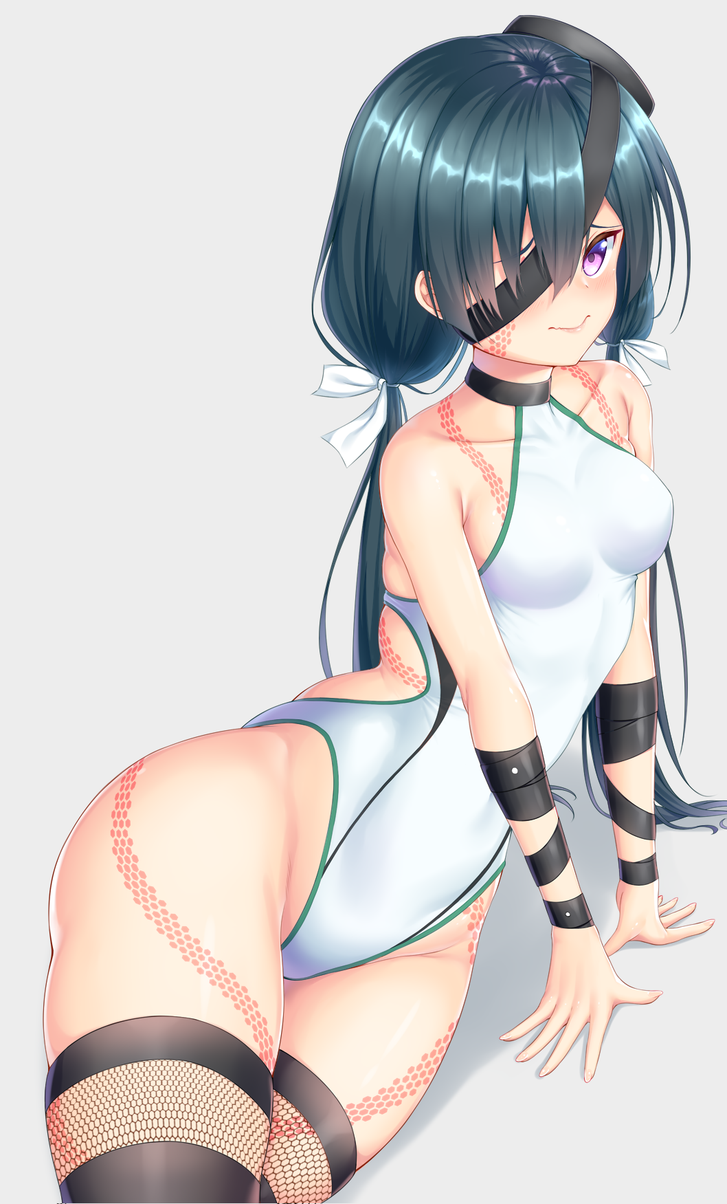 1girl arm_support bare_shoulders blush breasts closed_mouth collarbone commentary_request competition_swimsuit fate/grand_order fate_(series) fishnet_legwear fishnets green_hair grey_background groin hair_ribbon highleg highleg_swimsuit highres long_hair looking_away low_twintails mochizuki_chiyome_(fate/grand_order) one-piece_swimsuit one_eye_covered ribbon shadow side_cutout small_breasts solo swimsuit twintails very_long_hair violet_eyes white_ribbon white_swimsuit zuizhong