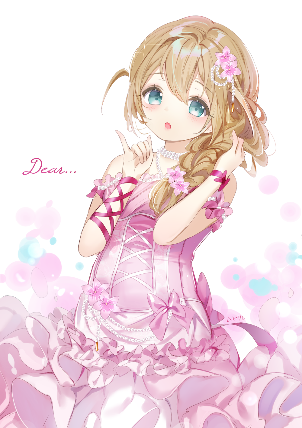 1girl :o arm_ribbon baba_konomi bangs bare_shoulders blush bow dress eyebrows_visible_through_hair flower green_eyes hair_between_eyes hair_flower hair_ornament hands_up head_tilt highres idolmaster idolmaster_million_live! jewelry light_brown_hair long_hair mullpull necklace one_side_up parted_lips pearl_necklace pink_bow pink_dress pink_flower pinky_out purple_ribbon ribbon signature solo strapless strapless_dress white_background