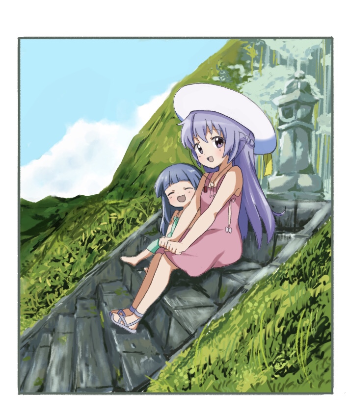 2girls barefoot blue_hair child closed_eyes clouds commentary_request dress from_side full_body furude_rika green_dress hands_on_own_knees hanyuu hat higurashi_no_naku_koro_ni kototoki long_hair looking_at_viewer mountain multiple_girls open_mouth outdoors pink_dress purple_hair sandals sitting sky smile stairs sun_hat sundress violet_eyes younger