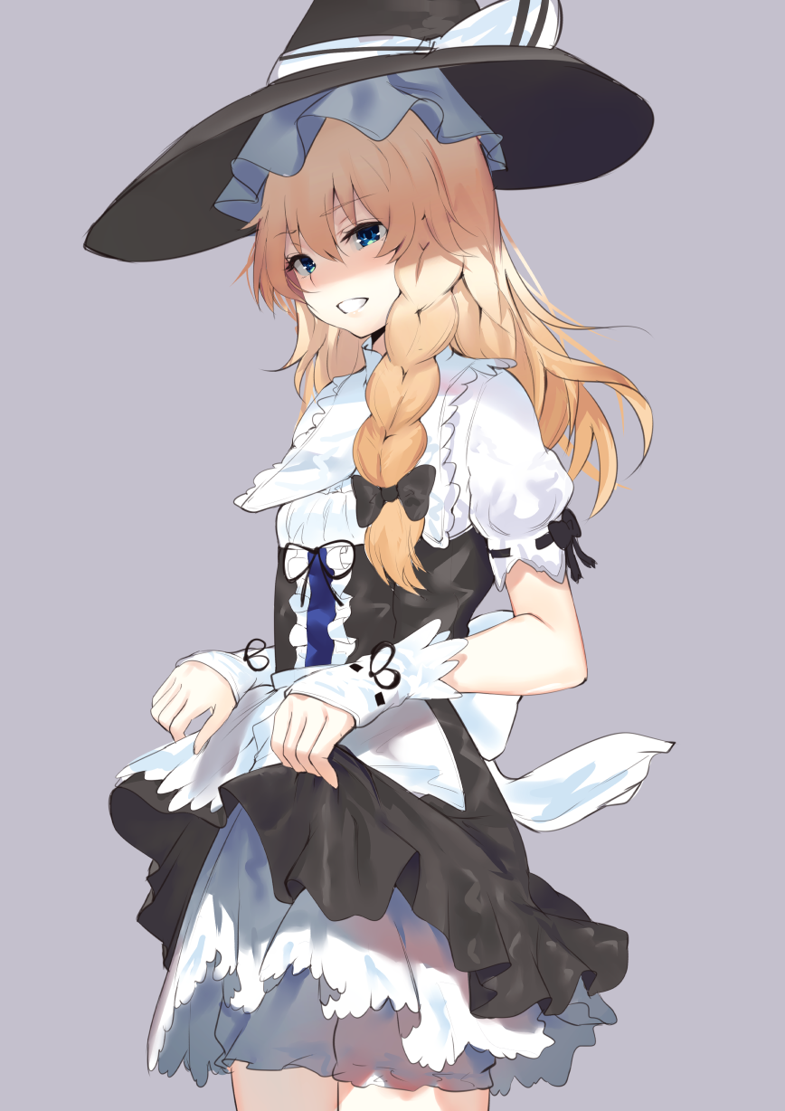 1girl apron asuzemu bangs black_bow black_dress black_hat black_ribbon blonde_hair bloomers blue_eyes blush bow braid center_frills commentary_request cowboy_shot dress eyebrows_visible_through_hair grey_background grin hair_between_eyes hair_bow hat hat_bow highres kirisame_marisa long_hair looking_at_viewer petticoat puffy_short_sleeves puffy_sleeves ribbon shirt short_sleeves simple_background single_braid skirt_hold smile solo standing touhou underwear waist_apron white_apron white_bloomers white_bow white_shirt wrist_cuffs