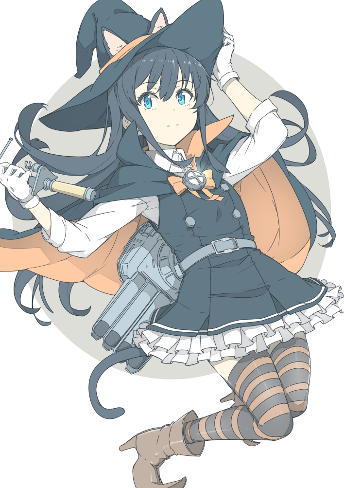 1girl adapted_turret animal_ears asashio_(kantai_collection) black_cape black_hair black_hat blue_eyes bow bowtie cape cat_ears cat_tail dress frilled_dress frills full_body gloves hat kantai_collection long_hair ninimo_nimo orange_neckwear pinafore_dress remodel_(kantai_collection) searchlight simple_background solo striped striped_legwear tail thigh-highs wand white_background white_gloves witch_hat