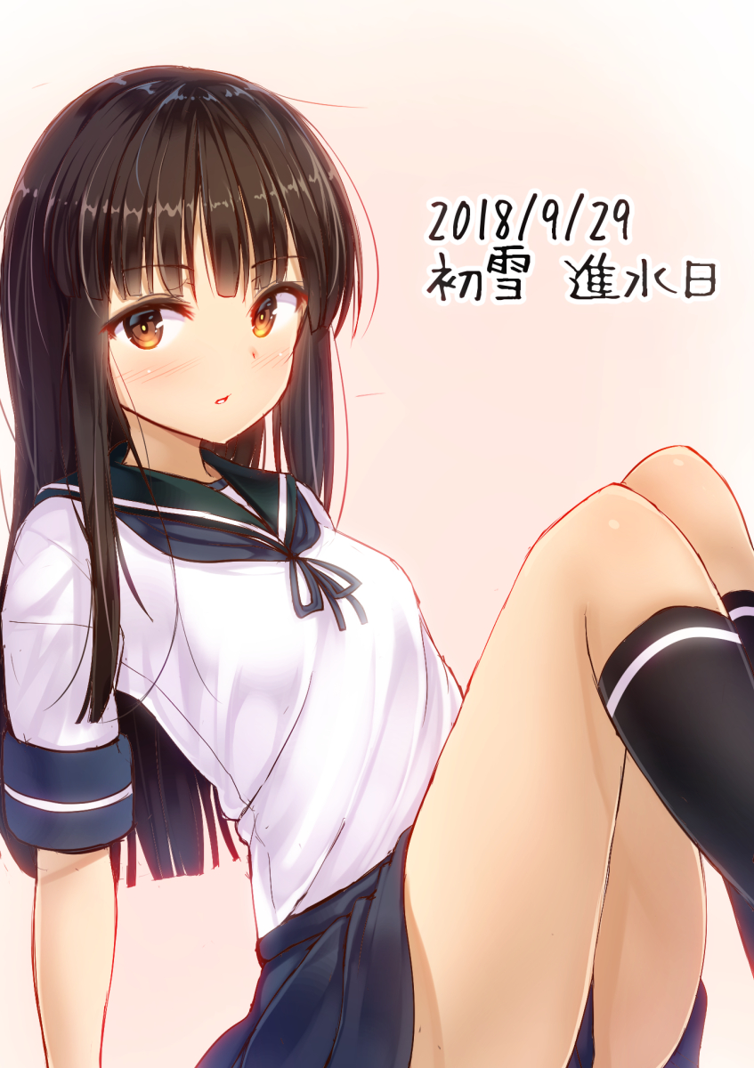 1girl arm_support black_legwear blue_ribbon blue_skirt blush brown_eyes brown_hair dated green_sailor_collar hatsuyuki_(kantai_collection) highres kantai_collection kneehighs long_hair looking_at_viewer minarai_shachou neck_ribbon parted_lips pleated_skirt ribbon sailor_collar school_uniform serafuku shirt short_sleeves sitting skirt solo translation_request very_long_hair white_shirt