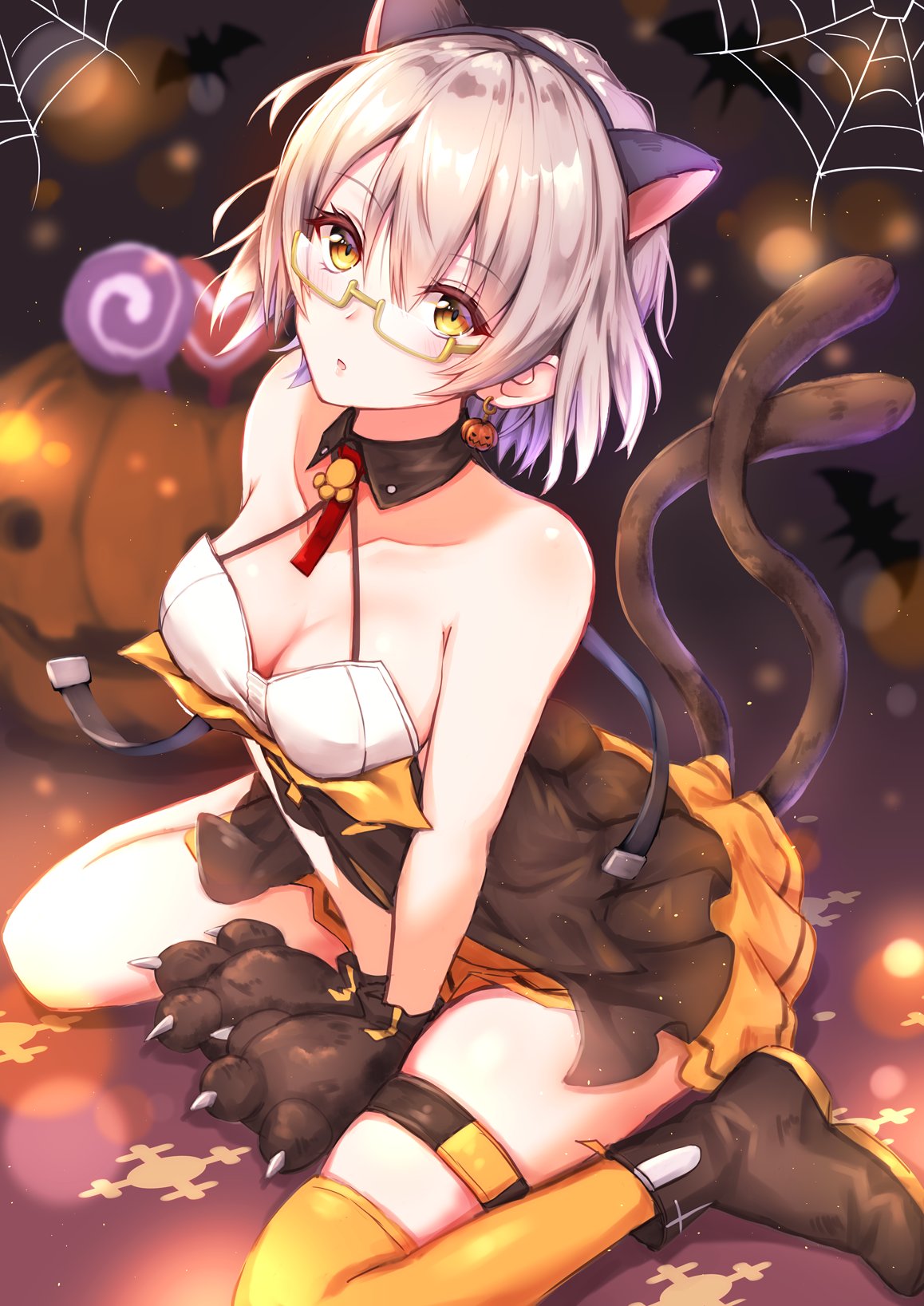 1girl alternate_costume animal_ears bangs bare_shoulders bat between_legs blurry blurry_background blush boots breasts brown_eyes cat_ears cleavage collarbone earrings eyebrows_visible_through_hair eyes_visible_through_hair fake_animal_ears food_themed_earrings full_body girls_frontline gloves hairband halloween hand_between_legs highres jack-o'-lantern jack-o'-lantern_earrings jewelry looking_at_viewer medium_breasts multiple_tails open_mouth orange_legwear paw_gloves paws pumpkin_earrings short_hair silk silver_hair simple_background single_thighhigh sitting skindentation solo spider_web tail thigh-highs thigh_strap thighs toki_(toki_ship8) two_tails vector_(girls_frontline) wariza yellow_eyes