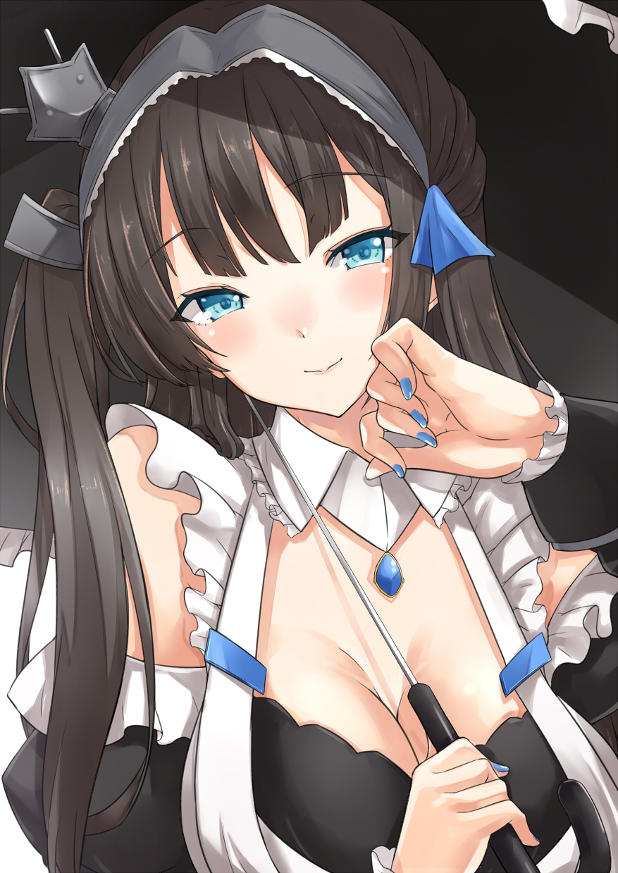 1girl apron asya azur_lane bangs black_background blue_eyes blue_nails blush breasts brown_hair cleavage closed_mouth detached_collar detached_sleeves dress eyebrows_visible_through_hair frills hair_ornament hairband hand_up head_tilt highres jewelry juliet_sleeves long_hair long_sleeves looking_at_viewer maid medium_breasts nail_polish newcastle_(azur_lane) pendant puffy_sleeves ribbon sidelocks simple_background smile solo umbrella upper_body