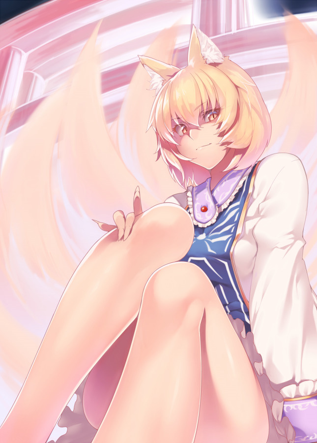 1girl animal_ear_fluff animal_ears ass bangs bare_legs blonde_hair breasts dress eyebrows_visible_through_hair feet_out_of_frame fingernails fox_ears fox_tail frilled_dress frilled_shirt_collar frills hair_between_eyes kaiza_(rider000) knees_up legs long_fingernails long_sleeves looking_at_viewer medium_breasts multiple_tails no_hat no_headwear short_hair sitting smile solo tabard tail thighs touhou white_dress yakumo_ran yellow_eyes
