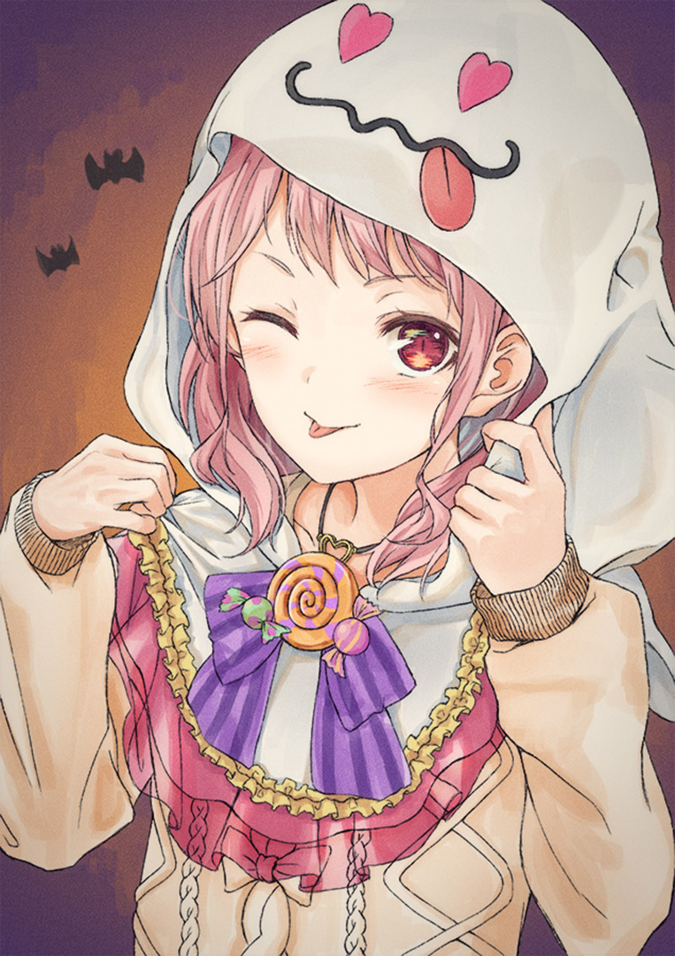 1girl ;p adjusting_hood bang_dream! bangs bat beige_shirt blush candy capelet food frilled_capelet frills ghost_costume halloween halloween_costume heart heart_eyes heart_pendant hood hood_up hooded_capelet long_hair long_sleeves looking_at_viewer maruyama_aya neck_ribbon one_eye_closed pink_hair purple_ribbon red_eyes remil ribbon sidelocks solo striped_neckwear tongue tongue_out traditional_media upper_body wavy_mouth white_capelet