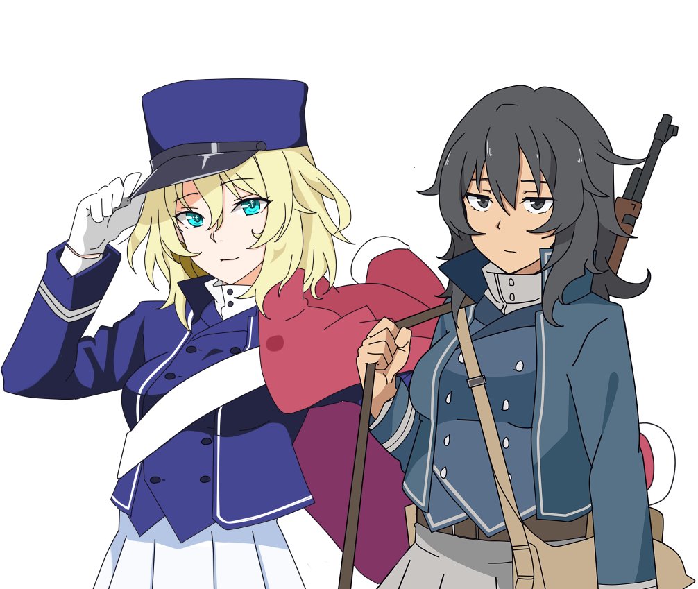 2girls andou_(girls_und_panzer) aqua_eyes bag bc_freedom_military_uniform bc_freedom_school_uniform blonde_hair eyebrows_visible_through_hair girls_und_panzer gloves gun jacket long_sleeves looking_at_viewer marie_(girls_und_panzer) multiple_girls oshida_(girls_und_panzer) perfect_han rifle simple_background skirt weapon white_background