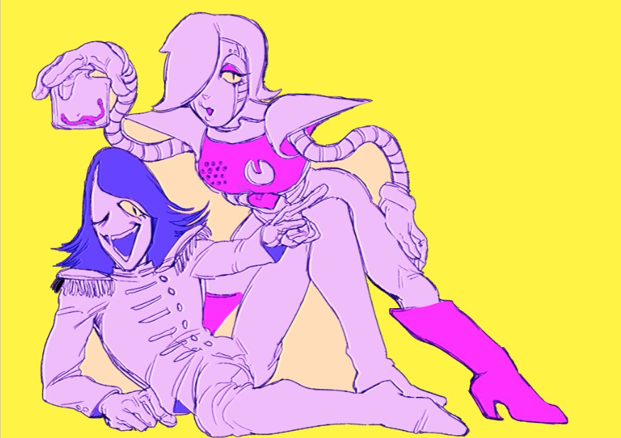 2others blue_hair boots bubble_pop_sdk deltarune epaulettes gloves hair_over_one_eye knee_boots mettaton mettaton_ex multiple_others other_focus pointing robot rouxls_kaard undertale uniform