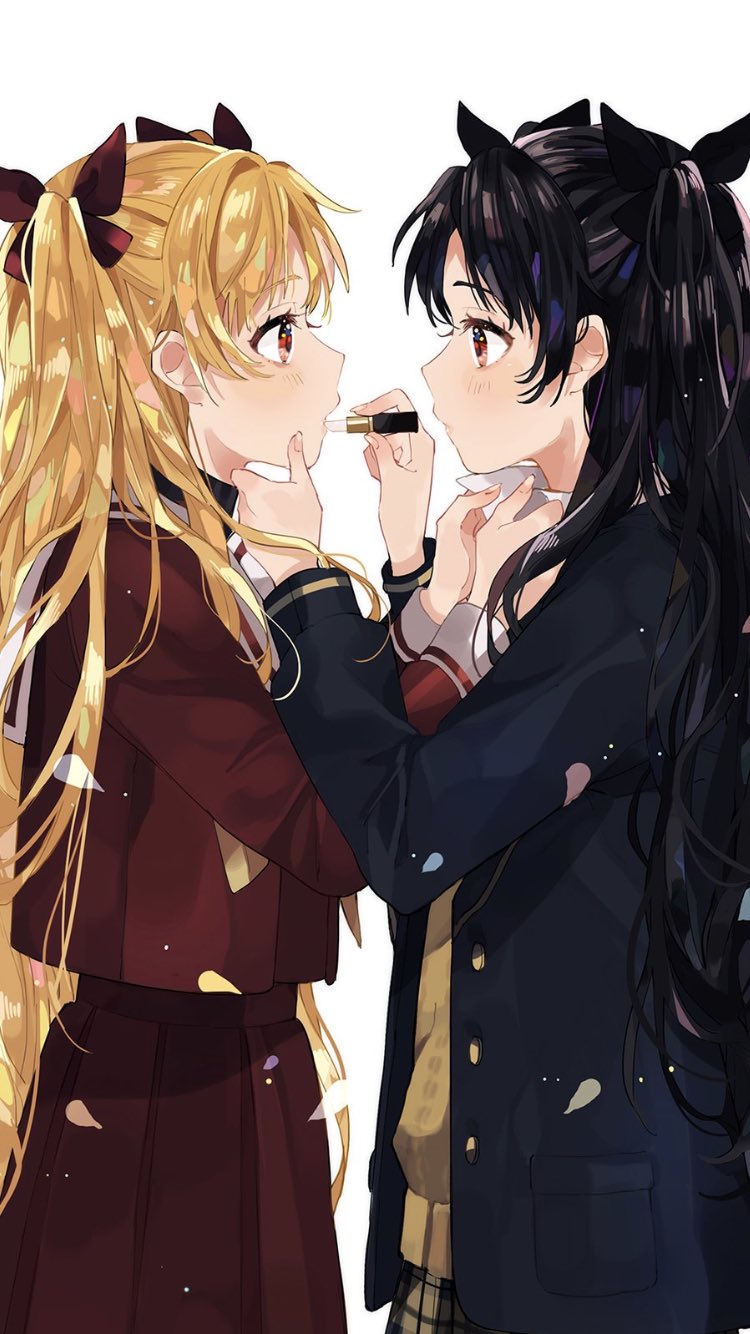 2girls black_bow black_hair blonde_hair blue_coat bow brown_eyes brown_sweater ereshkigal_(fate/grand_order) eye_contact fate/grand_order fate_(series) from_side hair_bow highres holding_lipstick i_(yunyuniraaka) ishtar_(fate/grand_order) long_hair looking_at_another multiple_girls pleated_skirt red_bow red_eyes red_shirt red_skirt sailor_collar shirt simple_background skirt standing sweater twintails very_long_hair white_background white_sailor_collar