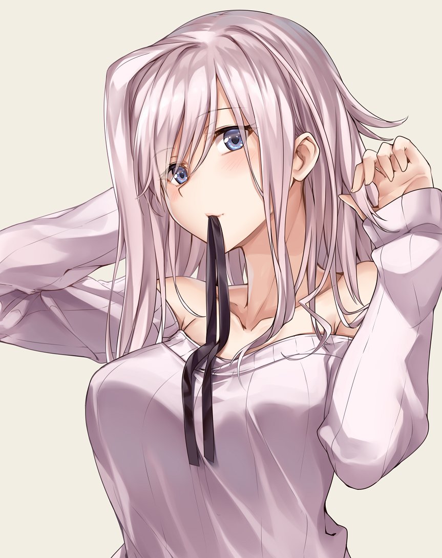 1girl bangs bare_shoulders beige_background blue_eyes blush breasts casual cleavage closed_mouth collarbone commentary_request earrings eyebrows_visible_through_hair fate/grand_order fate_(series) hand_in_hair head_on_hand holding holding_hair jewelry ks large_breasts long_hair looking_at_viewer miyamoto_musashi_(fate/grand_order) mouth_hold off_shoulder pink_hair pink_sweater purple_sweater ribbon ribbon_in_mouth sidelocks simple_background smile solo sweat sweater upper_body very_long_hair
