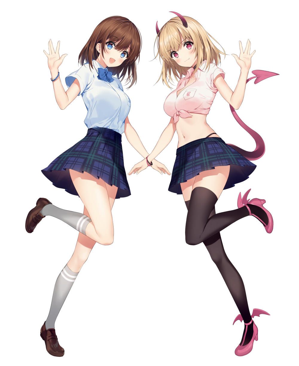 &gt;:) 2girls :d bangs black_choker black_legwear blonde_hair blue_bow blue_eyes blue_neckwear blue_skirt bow bowtie breast_pocket breasts brown_footwear brown_hair choker cleavage collared_shirt commentary_request demon_girl demon_horns demon_tail eyebrows_visible_through_hair fang fang_out front-tie_top grey_legwear hair_between_eyes hand_up high_heels highres horns kneehighs leg_up loafers long_hair looking_at_viewer medium_breasts midriff miniskirt multiple_girls navel necomi open_mouth original parted_lips pink_eyes pink_footwear pink_shirt pleated_skirt pocket shirt shoes short_sleeves simple_background skirt smile smug standing standing_on_one_leg stomach tail thigh-highs thong tied_shirt virtual_youtuber waving white_background white_shirt wing_collar wristband zettai_ryouiki