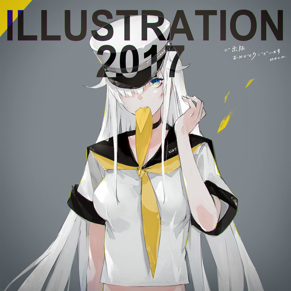 1girl 2017 bangs black_choker black_sailor_collar blue_eyes choker gradient gradient_background grey_background hair_over_one_eye hand_up hat illustration.media long_hair looking_at_viewer midriff neckerchief neco original sailor_collar shadow shirt short_sleeves solo white_hair white_headwear white_shirt yellow_neckwear