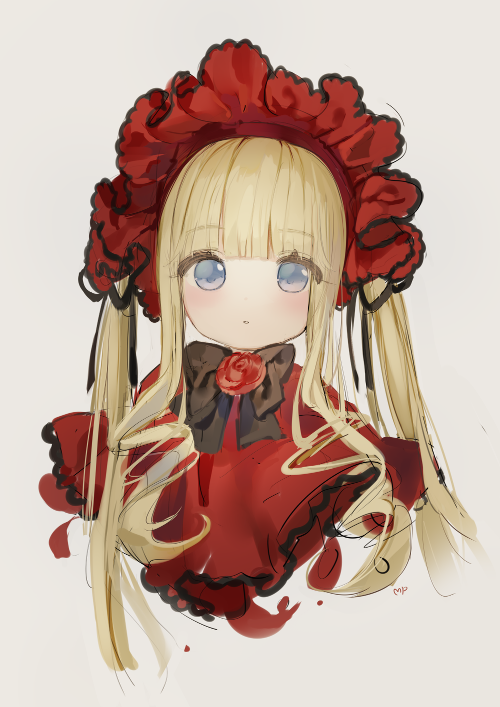 1girl bangs black_bow blonde_hair blue_eyes blunt_bangs bow capelet eyebrows_visible_through_hair flower grey_background head_tilt highres long_hair mullpull parted_lips red_capelet red_flower red_rose rose rozen_maiden shinku signature simple_background sketch solo twintails upper_body very_long_hair