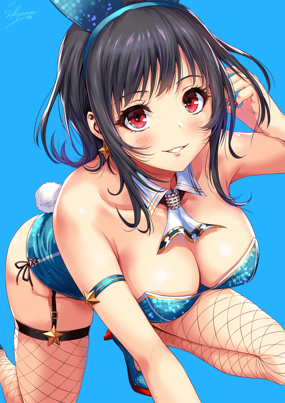1girl adapted_costume animal_ears armband artist_name ascot bangs bare_shoulders black_hair black_legwear blue_armband blue_background blue_footwear blue_leotard blush breasts bunnysuit cleavage collarbone detached_collar earrings fake_animal_ears fishnet_legwear fishnets garter_straps high_heels highres hips jewelry kantai_collection large_breasts leaning_forward leotard lips looking_at_viewer nail_polish parted_lips rabbit_ears red_eyes red_nails sakiyamama shoes short_hair sidelocks simple_background skindentation smile solo sparkle star star_earrings swept_bangs takao_(kantai_collection) thigh-highs thighs