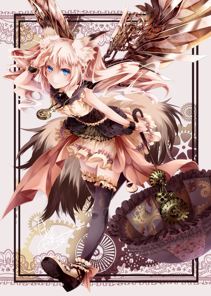 1girl animal_ears arm_up black_legwear blue_eyes blush closed_mouth eyebrows_visible_through_hair frilled_legwear gears holding holding_umbrella jewelry looking_at_viewer mechanical_wings necklace original smile solo steampunk tail thigh-highs tyouya umbrella white_hair wings