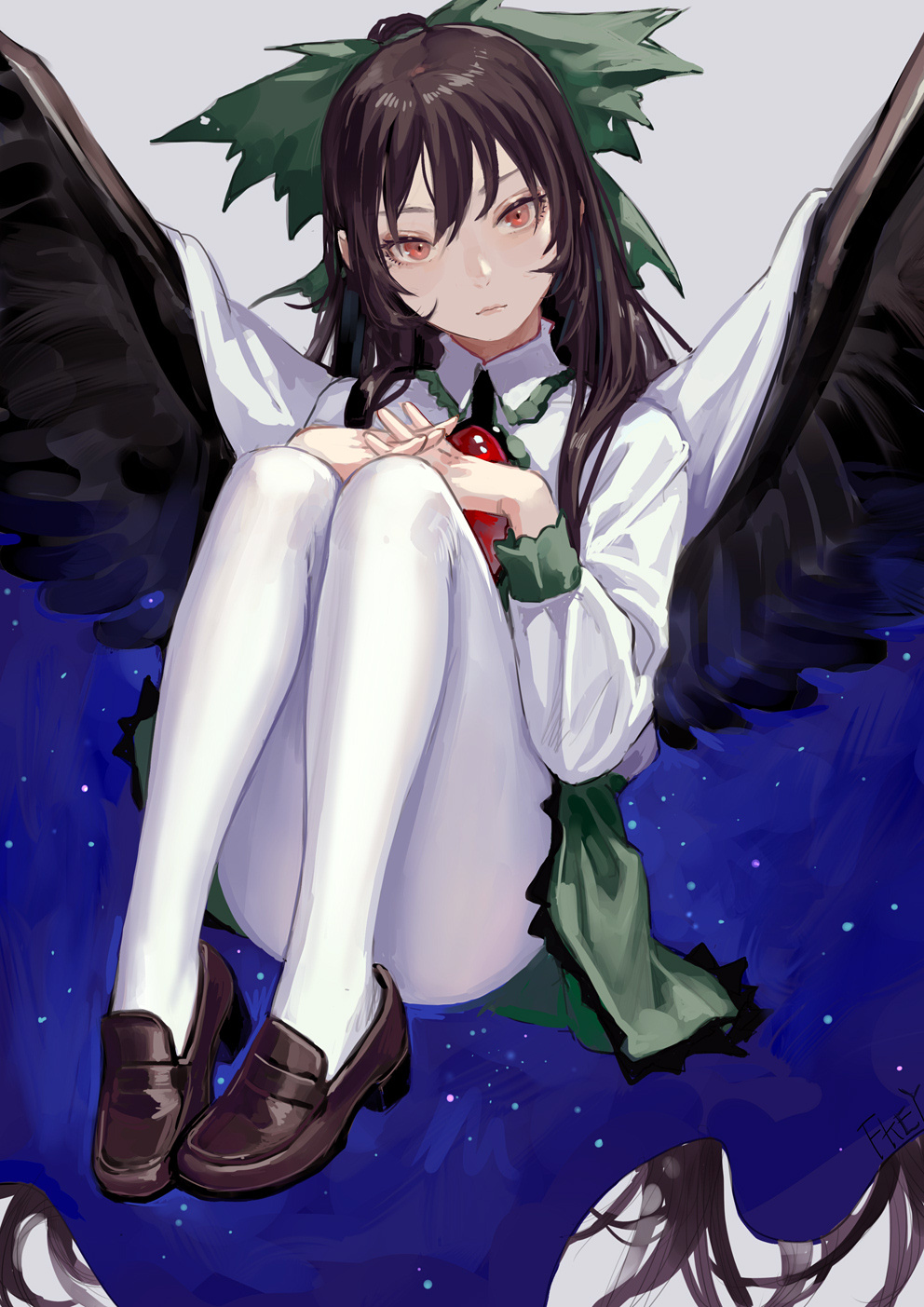 1girl artist_name ass bangs black_hair black_wings bow brown_footwear cape commentary feathered_wings fkey full_body green_bow green_skirt grey_background hair_between_eyes hair_bow hands_up head_tilt highres knees_up lips long_hair long_sleeves looking_at_viewer pantyhose red_eyes reiuji_utsuho shirt shoes signature simple_background sitting skirt solo space_print starry_sky_print touhou very_long_hair white_cape white_legwear white_shirt wings