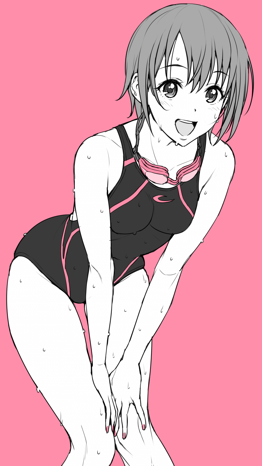 1girl :d black_swimsuit breasts collarbone competition_swimsuit grey_eyes grey_hair hands_on_own_knees highres idolmaster idolmaster_cinderella_girls leaning_forward limited_palette medium_breasts nail_polish nigou one-piece_swimsuit open_mouth otokura_yuuki pink_background pink_nails short_hair simple_background smile solo standing swimsuit thigh_gap wet