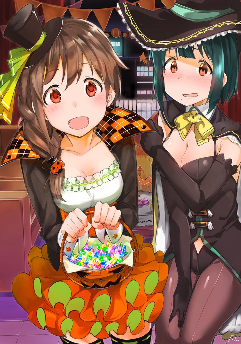 2girls bangs black_gloves blush bow braid brown_hair cape collar commentary couch cowboy_shot crossover dot_nose elbow_gloves embarrassed eyebrows_visible_through_hair frilled_skirt frills gem gloves green_hair hair_ornament hair_over_shoulder halloween halloween_basket hat idolmaster idolmaster_(classic) idolmaster_cinderella_girls indoors jack-o'-lantern jack-o'-lantern_hair_ornament jacket leotard long_sleeves looking_at_viewer mini_hat mole mole_under_mouth multiple_girls night nose_blush orange_skirt otonashi_kotori pantyhose party red_eyes senkawa_chihiro side_braid skirt thigh-highs window wing_collar witch witch_hat yanngoto