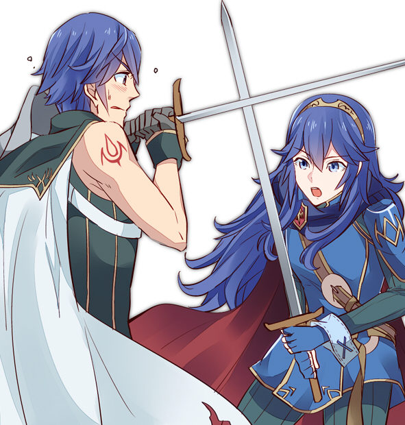 1boy 1girl blue_eyes blue_gloves blue_hair brown_hairband cape eyebrows_visible_through_hair father_and_daughter fingerless_gloves fire_emblem fire_emblem:_kakusei floating_hair gloves grey_gloves hair_between_eyes hairband holding holding_sword holding_weapon krom long_hair lucina mejiro nintendo open_mouth pants simple_background sleeveless sweatdrop sword weapon white_background white_cape