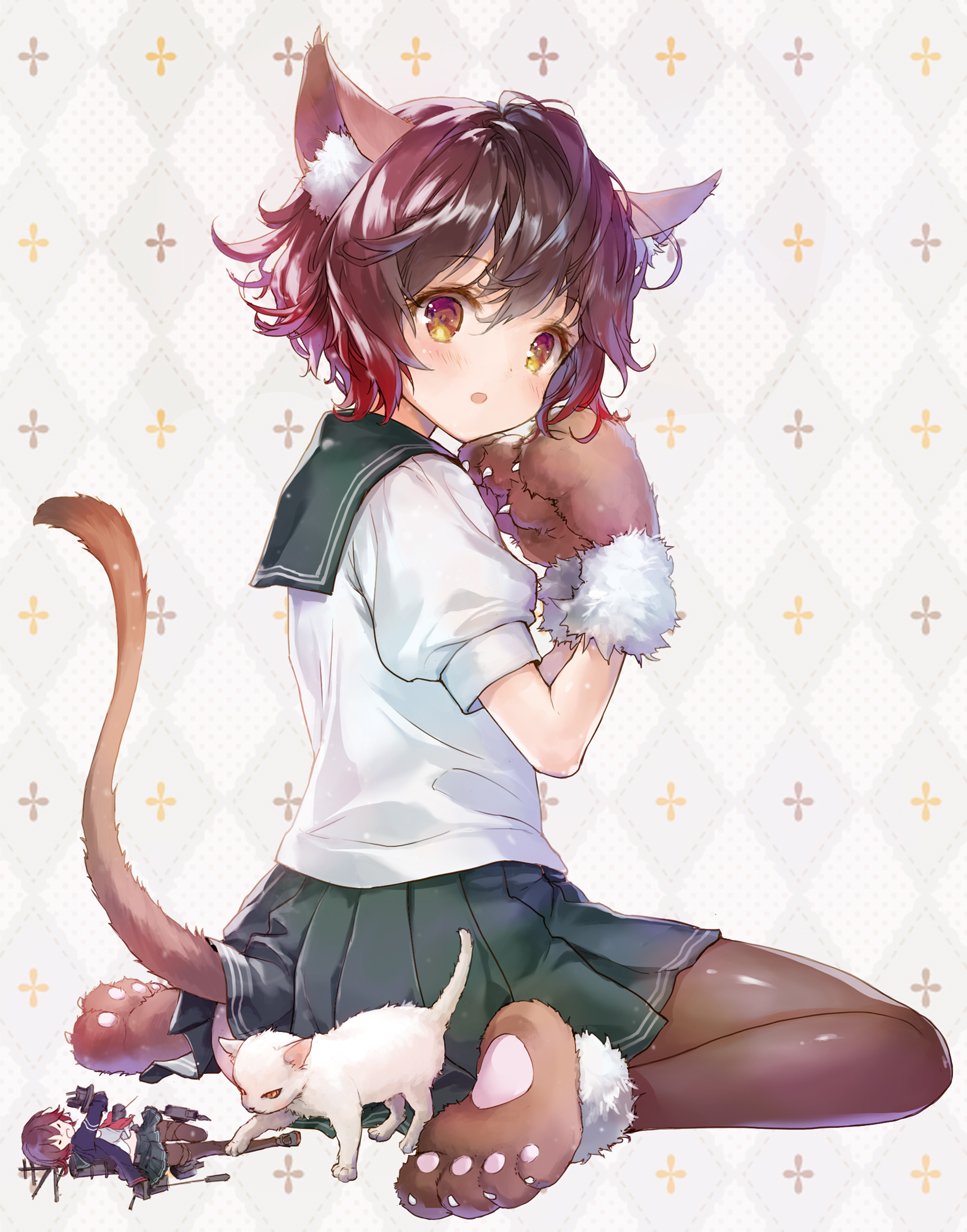 1girl 888myrrh888 :o animal animal_ears argyle argyle_background ass bangs black_legwear blush brown_hair cat cat_ears cat_tail commentary_request eyebrows_visible_through_hair figure full_body green_skirt hair_between_eyes highres kantai_collection kemonomimi_mode looking_at_viewer looking_to_the_side mutsuki_(kantai_collection) open_mouth pantyhose paws pleated_skirt school_uniform serafuku shirt short_hair short_sleeves sitting skirt solo tail wariza white_cat